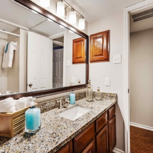 Bathroom of the premium model at Tonti Lakeside with single vanity and granite counters